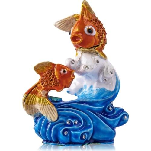 H&D Mother-Child Fish Wave Figurine Collectible Crystals Jeweled Hinged Enameled Sea Animal Trinket Box Dressing Table Ornament