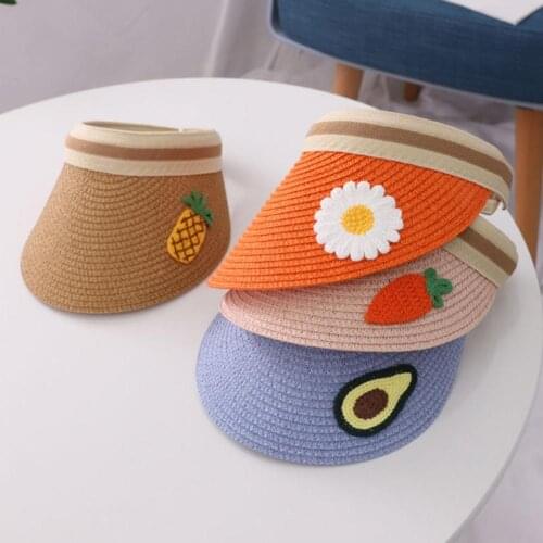 Summer Kids Fruit Print Wide Brim UV Protection Hat Topless Straw Cap Sunhat Kids Suncap Adjustable Nature Straw Topless Cap