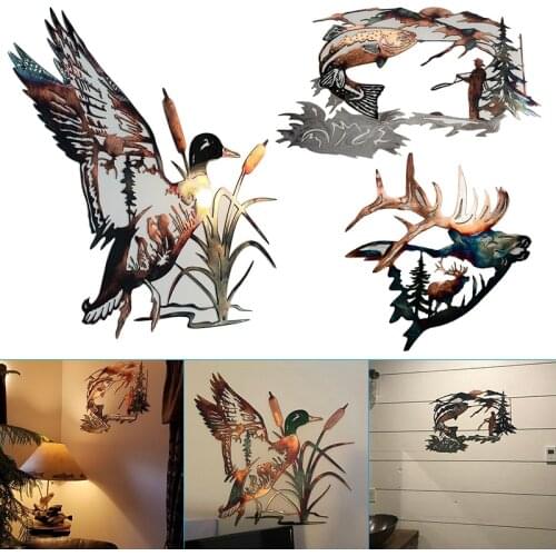 Solo Mallard Hunting & Trout Fishing Scene Metal Wall Art Animal Shape Livingroom Wall Sticker Decal Vivid Decoration for Home