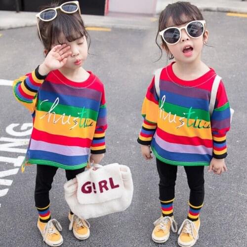 Girls Fashionable Rainbow Stripe Clothing Set Spring & Fall Childrens Long Sleeve Tops + Slim Pants Suit Baby Kids Clothes B310