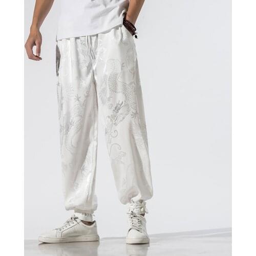 Ice Silk Mens Casual Loose Ankle-Length Pants Thin Chinese Style Embroidery Trousers Spring And Summer Lightweight