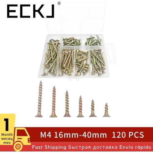 ECKJ 120pcs/set Flat Head Cross Recessed Countersunk Fibreboard Screw Kit Self-Tapping Zinc Coated Chipboard Screws M4