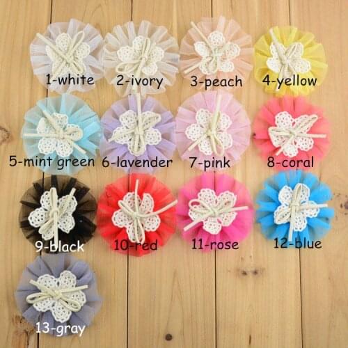 Newest 3" Tulle Mesh Flowers With Cute Bow Center Flat Back DIY Accessories for Garment Hat Free Shipping 130pcs/lot FH14