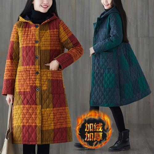 2020 Autumn Winter New Cotton Overcoat Mid-length Retro Cotton Linen Hooded Plaid Thick Cotton Jacket Warm Coat Outerwear A1398