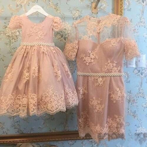 New Pink lace flower girl dresses with beading sash pageant gowns for little girls mother daughter party gowns