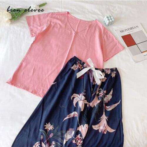 Pajamas Women Sleepwear Set Spring Summer Viscose Short-Sleeve Long Pants Suits Ladies Home Services Floral Printed Lingeries