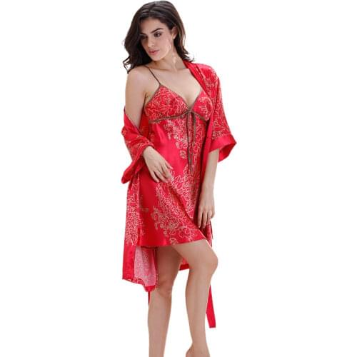 Satin Kimono Womens Bathrobe and Sleeping Dress Robe Set Silk Bathrobe Home Female Dressing Gown