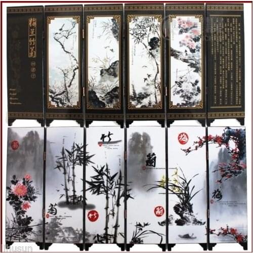 Chinese Handmade Vintage Flower&Plant Wooden Lacquer Six Pieces Folding Screen