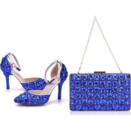 Crystal Queen Blue Crystal Wedding Shoes With Matching Bags Bride Payty Dress Shoes Purse Women High Heel Sandals