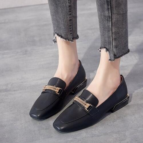 Low Heel Soft Leather Shoes Women Square Toe Pumps Slip On Square Heel Daily Work All Match Cozy Female Shoes With Metal White