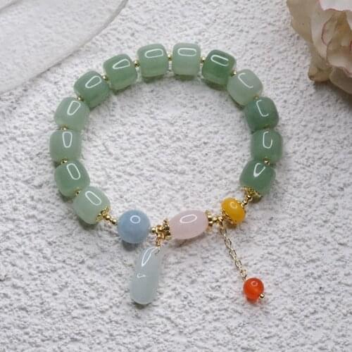 Vintage Cinnabar Lock&Jade Gourd Pendant Pink Crystal Natural Green Jades Beaded Strand Bracelets Women Fashion Jewelry YBR462