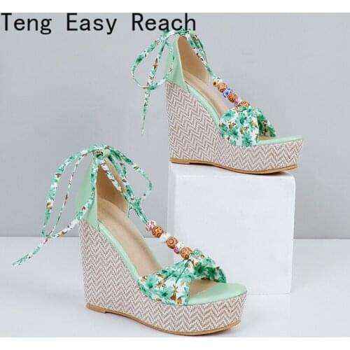 Women Summer Wedge Sandals Female Open Toe Floral Bowknot Platform Bohemia High Heel Sandal Fashion Ankle Strap Sandals New