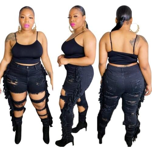 Womens Jeans Ripped Tassel Jeans 2021 Autumn Skinny Sexy Stretch Long Pants Urban Casual Pencil Pants High Street Black Trend
