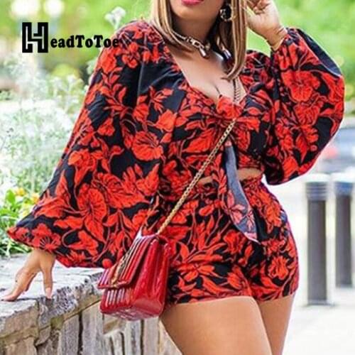 Floral Print Lantern Long Sleeve Crop Tops &shorts Set Women Casual Two Piece Set