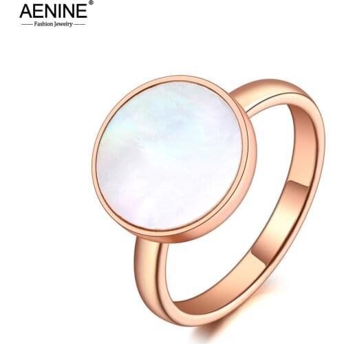 AENINE Trendy Titanium Stainless Steel White Shell Party Ring Rose Gold Original Design Bohemia Ring Jewelry For Women AR20051