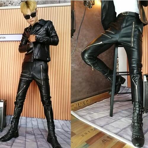 Winter fashion casual multi-zipper leather pants mens leather trousers plus velvet feet pants for men warm pantalon homme black