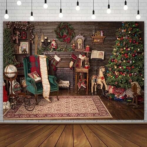 Winter Backdrop Christmas Tree Fireplace Sock Trojan Wreath Plank XMAS Kid Portrait Photography Background Photostudio Photozone
