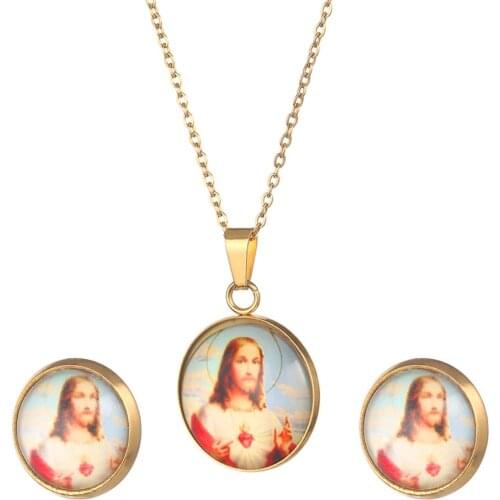 Gold Color Jesus Head Pendant Necklaces Earrings Trendy Women Christian Jewelry Set