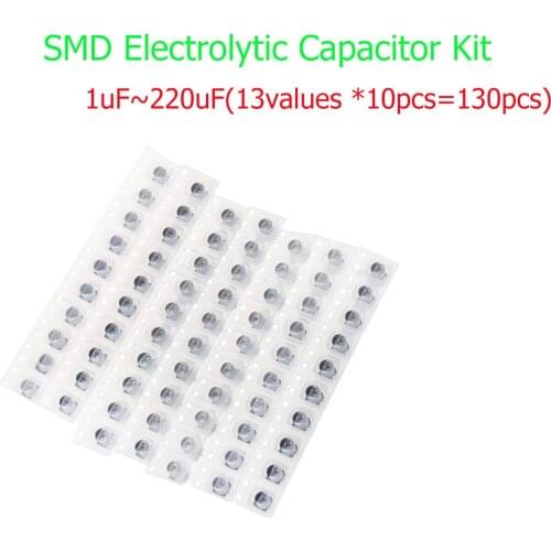 130PCS/LOT 1uF-220uF SMD Aluminum Electrolytic Capacitor Assorted Kit Set, 13values*10pcs=130pcs Samples Kit