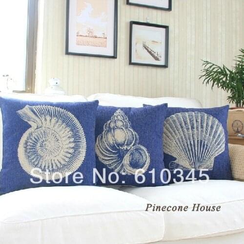 Free shipping 45x45cm Blue Conch cushion Linen Cotton Pillow Decorative sofa pillow car cushion