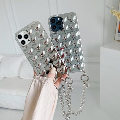 Korean style 6D Love Heart Hanging Chain Case for iphone 12 Pro Max XR 11ProMax X XS 7 8 plus Love Heart Strap Bracket Cases
