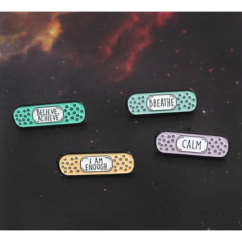 Cute Band-aid Brooch Cartoon Creative 'Breathe''Believe Achieve''Calm''I Am Enough 'Bandage Enamel Pin Denim Cap Badge Punk Gift