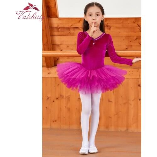 Kids Princess Dance Leotard Tutu Ballet Costume Swimsuit Dress for Girls Long Sleeves Velvet Party Clothing