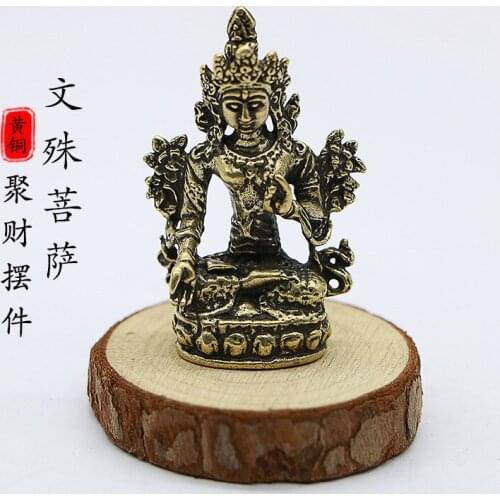 Antique Solid Brass Bodhisattva Manjusri Figurines Retro Copper Animal Tea Pet Desktop Ornament Decor Crafts Keychain Pendants