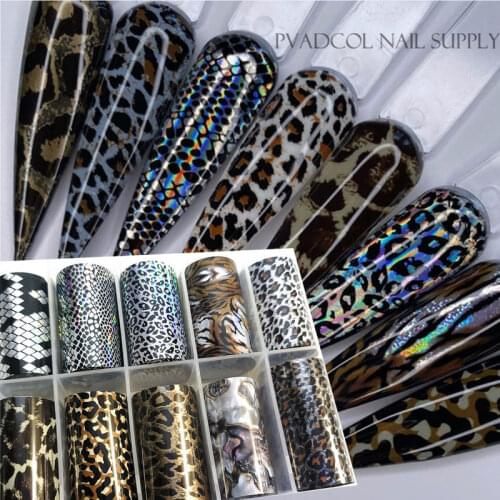 Animal Print Nail Foils Stickers Decal Sliders Transfer Foil Wrap Leopard Nail Art Sticker 10 rolls/box
