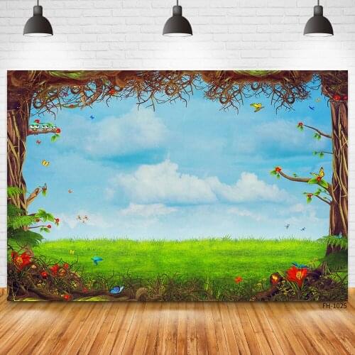 Dreamy Spring Green Grass Background Wonderland Clouds Flower Trees Baby Birthday Party Fairy Photo Studio Photography Backdrops
