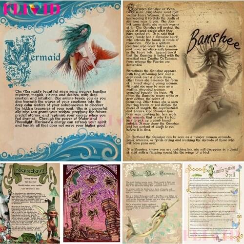 Banshee Fairy And The Book Of Witchcraft Shadows Wall Art Canvas Painting Black Cat Spell And Mermaid Posters And Prints Decor