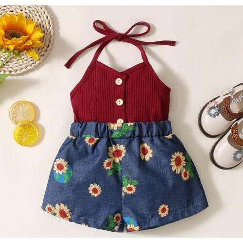 Pudcoco Toddler Camisole Romper Jumpsuit with Sunflower Print, Denim Stitching Sweet Summer Baby Girl Clothes