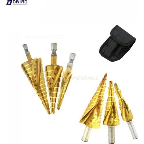 3Pcs Metric Spiral Flute The Pagoda Shape Hole Cutter 4-12/20/32mm HSS Steel Cone Drill Bit Set HSS Steel Step Sharpening