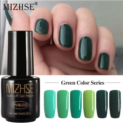 MIZHSE 7ML Gel Varnish Green Color Gel Nail Polish for DIY nail art manicure Needed Base Top Coat nail Gel UV Lacquer