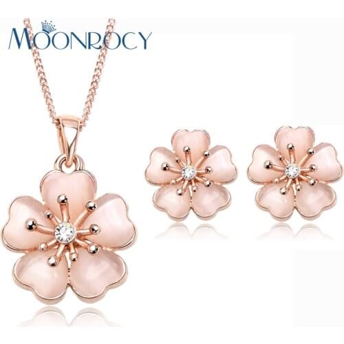 MOONROCY Drop Shipping Fashion Cymophane Opal Crystal Necklace and Earrings Set Zirconia rose Gold Color Jewelry Set for women