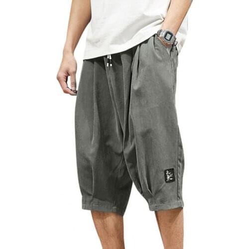 Men Summer Cargo Shorts Breathable Loose Cropped Hip Hop Solid Color Trousers Bloomers Calf-Length Pants Joggers Streetwear