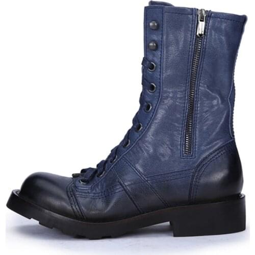 Cap Toe Mens High Boots Genuine Leather Blue Boots Men Military Square Heel Combat Boots 17#21/10d50