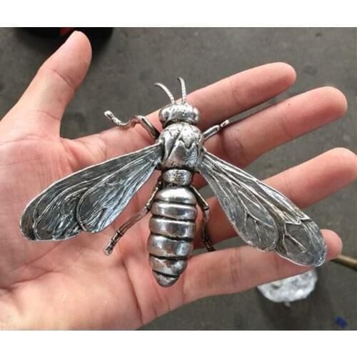 [Delicate] China Hand sculpture Miao silver honeybee statue Bees Metal Animal statues
