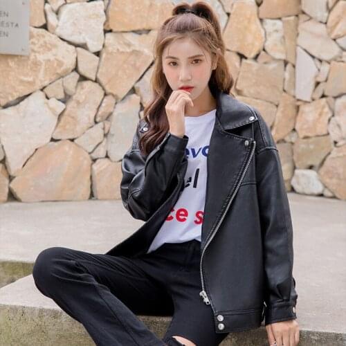 2020 new autumn PU leather coat wind proof loose casual outer coat zipper up motor&biker jackets clothes womens fashion