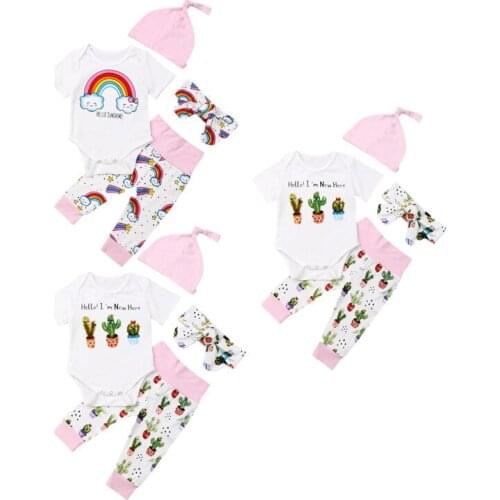 2019 Toddler Baby Clothes 4PCS Newborn Baby Girl Boy Clothes Autumn Cartoon Romper Tops Pants Leggings +Hat Headband Outfits