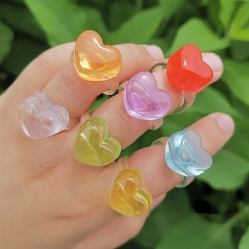 Origin Summer Korean Fashion Candy Color Transparent Ring for Women Creative Love Heart Resin Multiple Index Finger Ring Jewelry