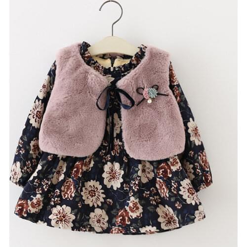 Autumn Winter Baby Girl Clothes Corduroy Long Sleeve Dress with Floral Pattern Fashion Fur Vest 2pcs sets Kids Clothin