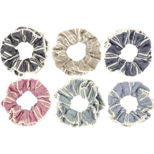 Furling Girl 1pc Plaid Slub Cotton Hair Scrunchies with Lace Trim Women Ponytail Holder
