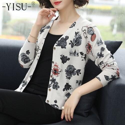 YISU 2019 Spring Women Cardigans Sweaters Casual Long Sleeve Loose Knitting Cardigan Fashion Print cardigan Female thin Coat
