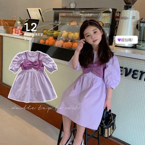 2021 Spring Kids Clothes Girls Dress Fashion False Two Pieces Children Dresses Puff Sleeve Princess Dress Teenage Vestidos 2T-16