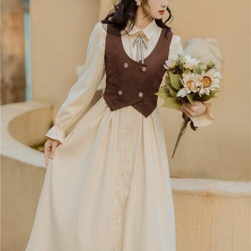 Spring Autumn French Women Bound Cuffs Long Sleeve Chinese Style Retro Two-piece Vest Dress Suit with Bow Tie Mori Girl Clothes