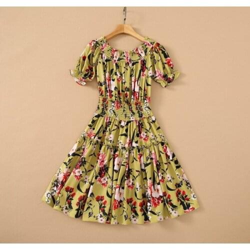 European and American womens wear for summer 2021 Short-sleeved one-line collar Fashion print pleated dress