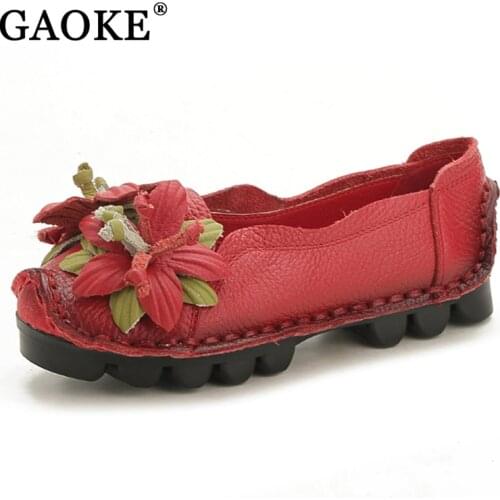 National Wind Flowers Flat Shoes Women Handmade Genuine Leather Shoes Women Retro Soft Bottom Flat Shoes Autumn Flats Shoes