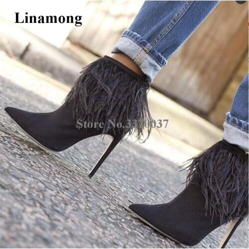 2018 New Fashion Women Pointed Toe Suede Leather Tassels Short Boots Back Zipper-up Black Purple Thin Heel Fur Ankle Booties