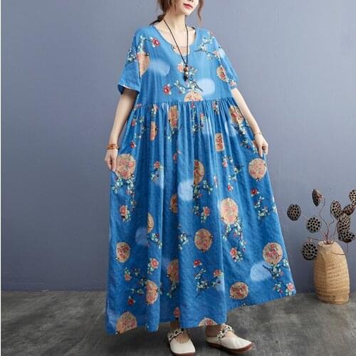 Thin Soft Cotton Linen Loose Oversized Sundress 2021 New Arrival Print Floral Summer Dress Women Travel Casual Long Maxi Dress
